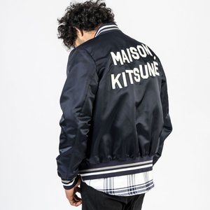 Maison Kitsune Satin Teddy Jacket Bomber (Navy)